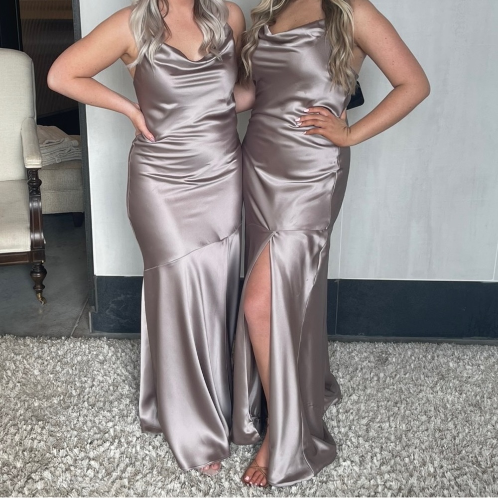 Revelry bridesmaid satin dress in the color taupe. Size 12.